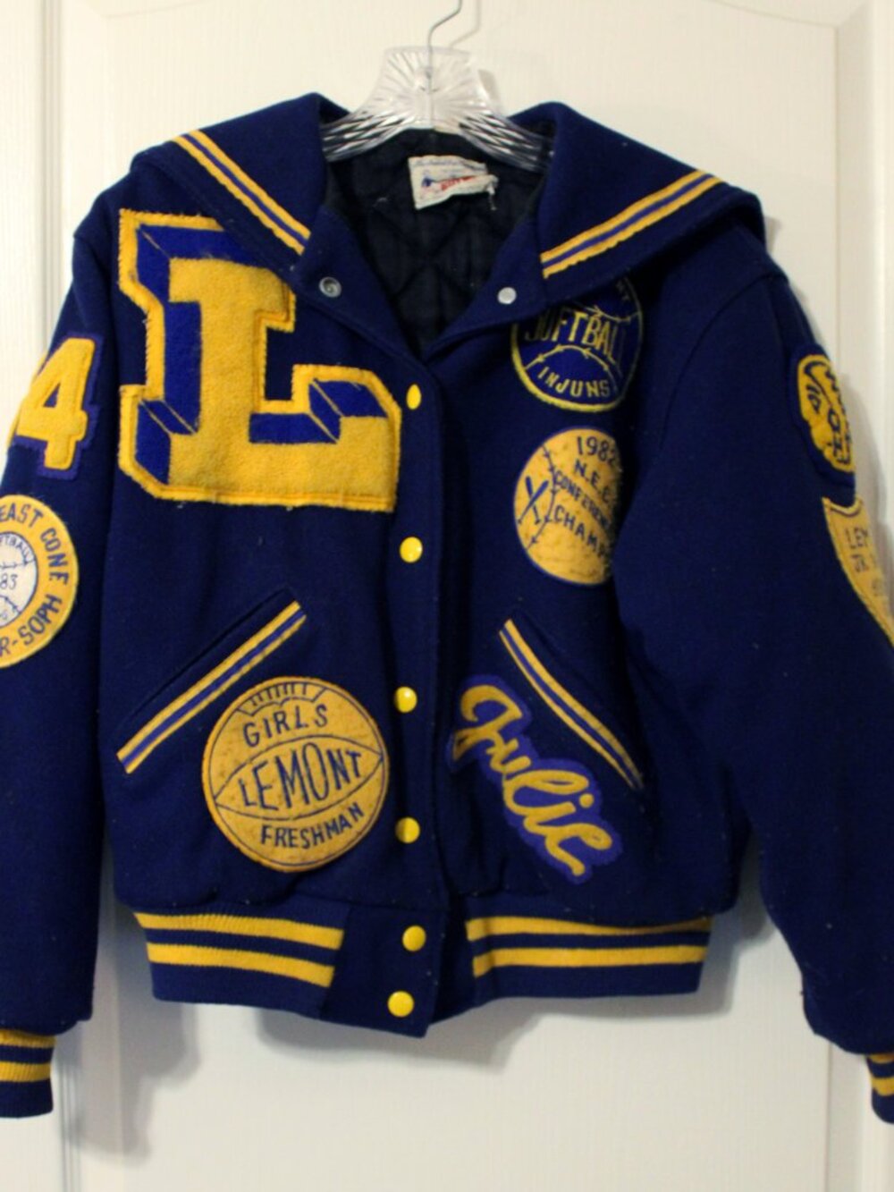 1984 Lemont High School Navy Blue Yellow Wool Varsity Jacket